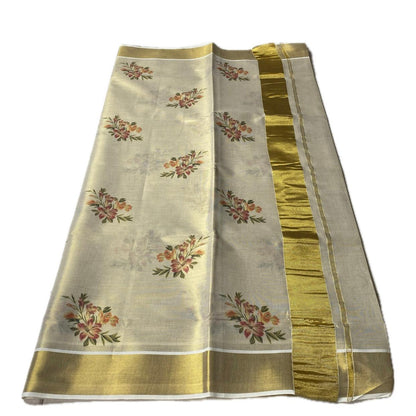 Floral Printed Plain Tissue Saree with Golden Zari Border