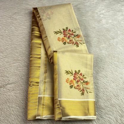Floral Printed Plain Tissue Saree with Golden Zari Border