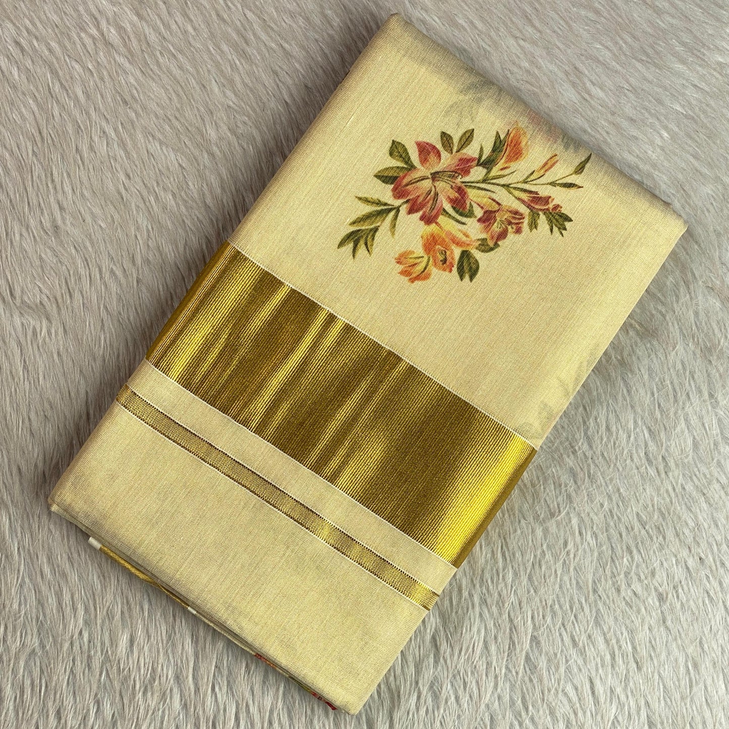 Floral Printed Plain Tissue Saree with Golden Zari Border