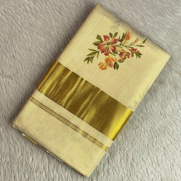 Floral Printed Plain Tissue Saree with Golden Zari Border