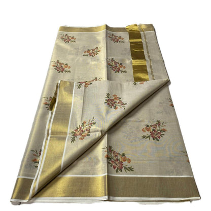 Floral Printed Plain Tissue Saree with Golden Zari Border
