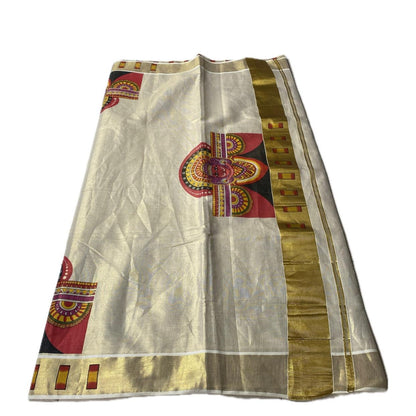 Theyyam Traditional Art Print Tissue Kerala Kasavu Saree