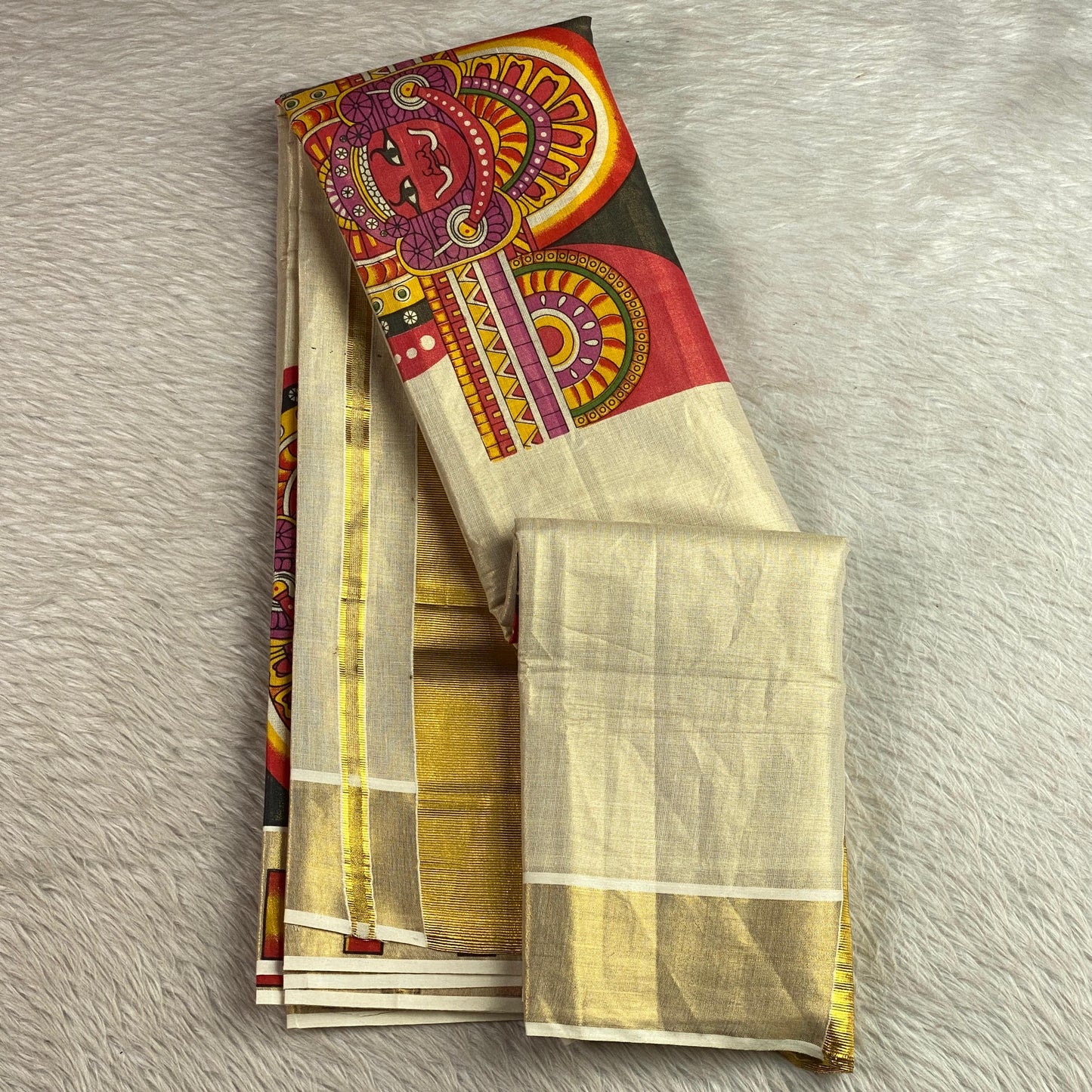 Theyyam Traditional Art Print Tissue Kerala Kasavu Saree