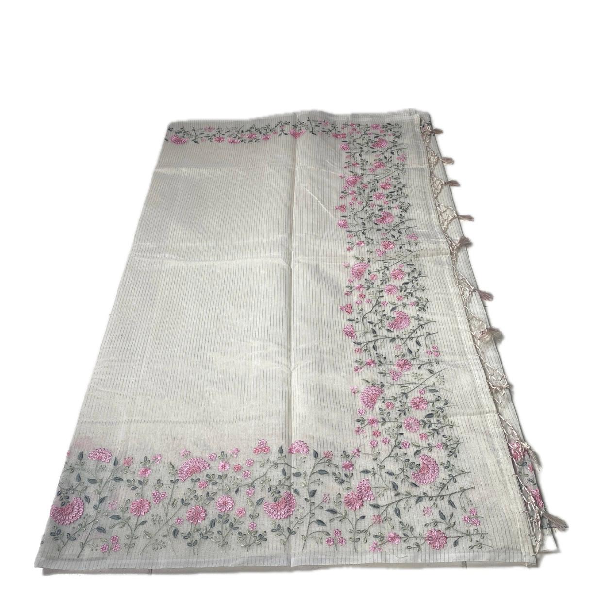 Floral Embroidered Net Cotta Saree with Tassels