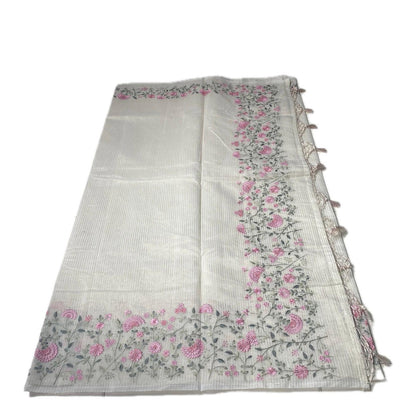 Floral Embroidered Net Cotta Saree with Tassels