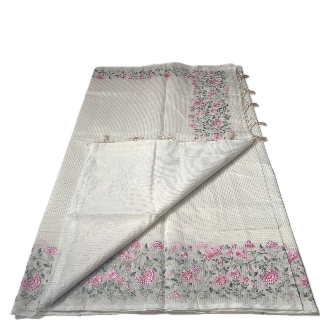 Floral Embroidered Net Cotta Saree with Tassels