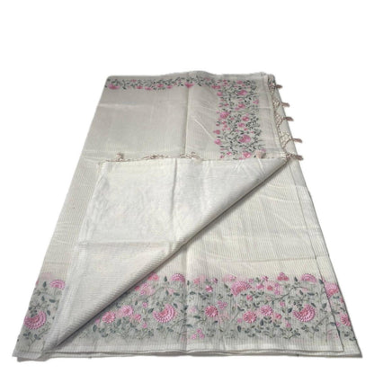 Floral Embroidered Net Cotta Saree with Tassels