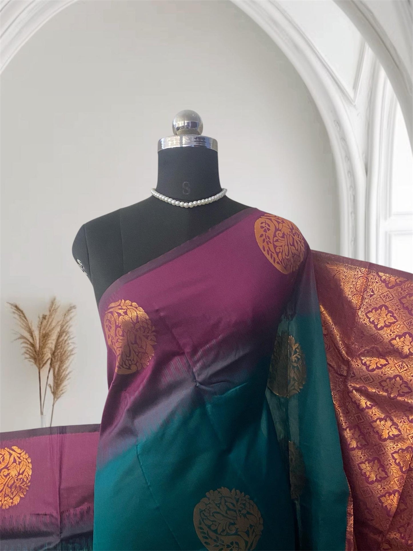 Kaveri Traditional Dual-Shade Silk Saree with Zari Border Peacock Blue