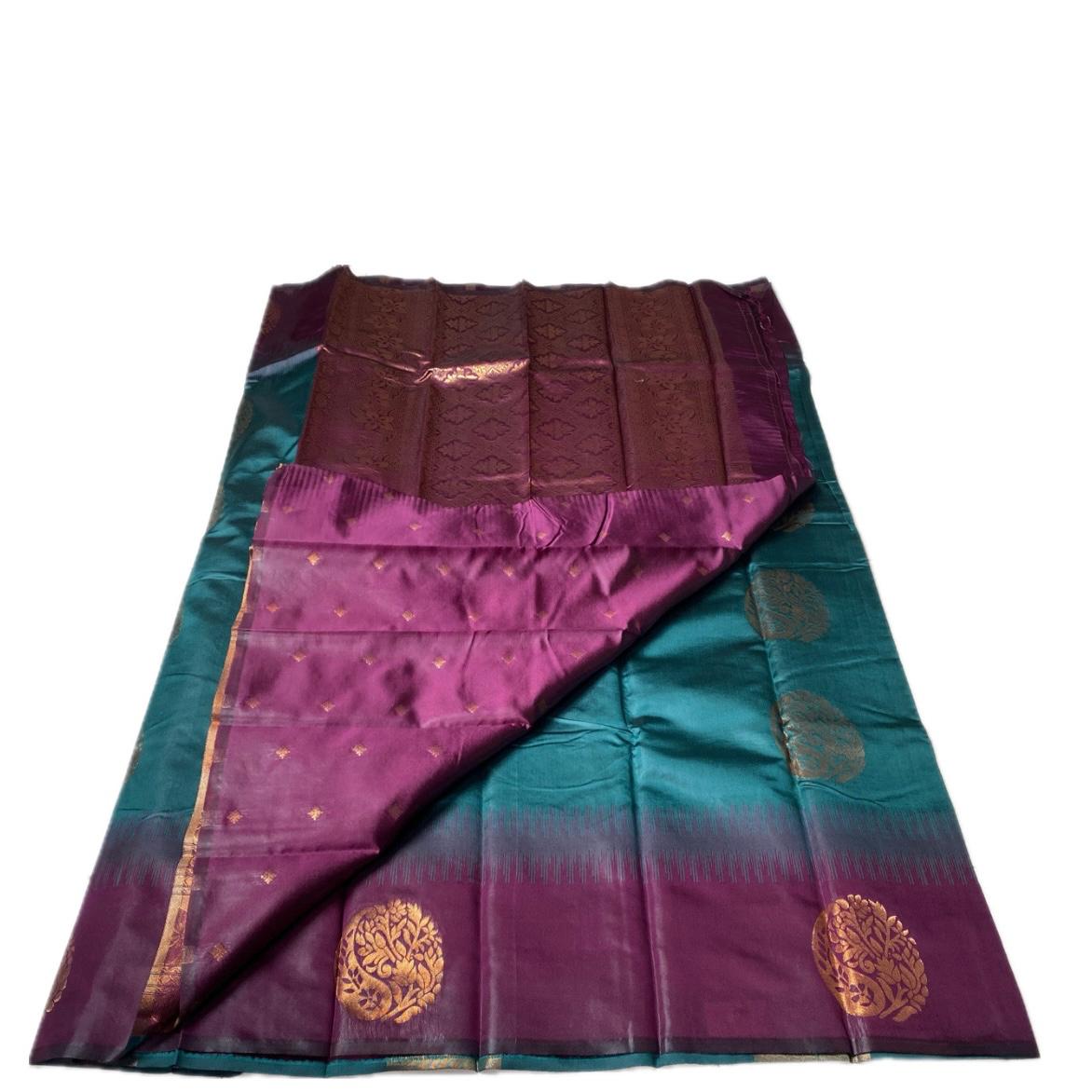 Kaveri Traditional Dual-Shade Silk Saree with Zari Border Peacock Blue