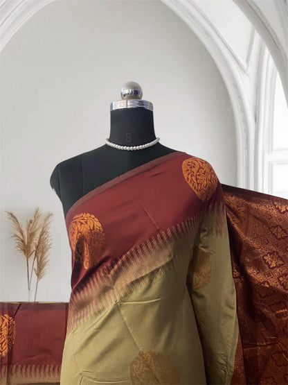 Kaveri Traditional Dual-Shade Silk Saree with Zari Border Chikku