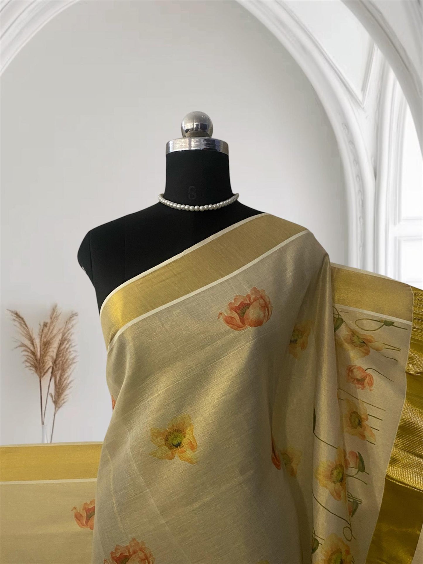 Golden Tissue Kasavu Saree with Soft Floral Print