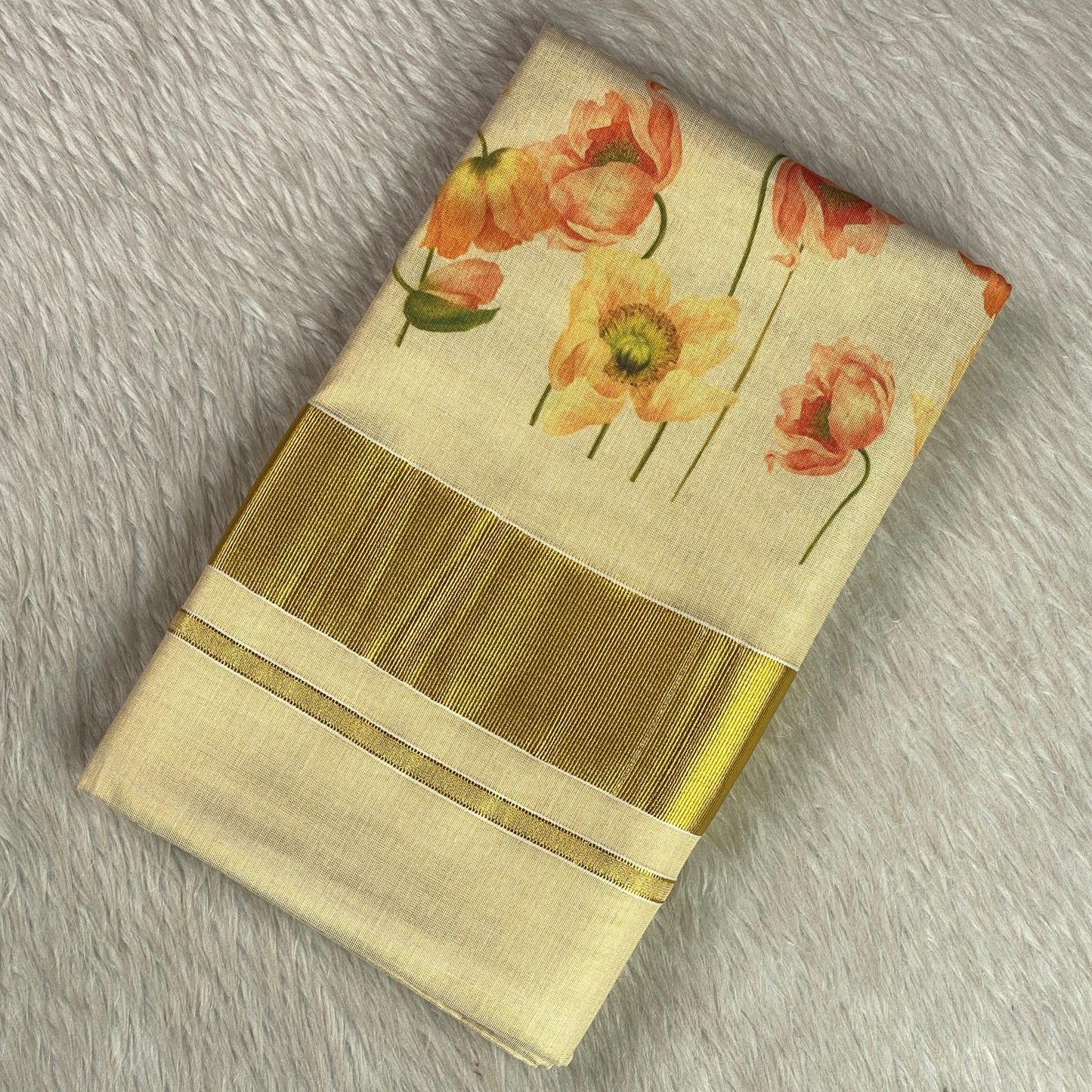 Golden Tissue Kasavu Saree with Soft Floral Print