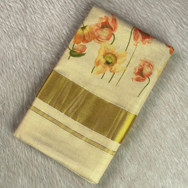 Golden Tissue Kasavu Saree with Soft Floral Print