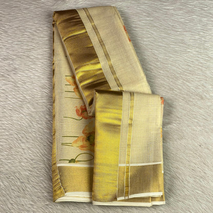 Golden Tissue Kasavu Saree with Soft Floral Print