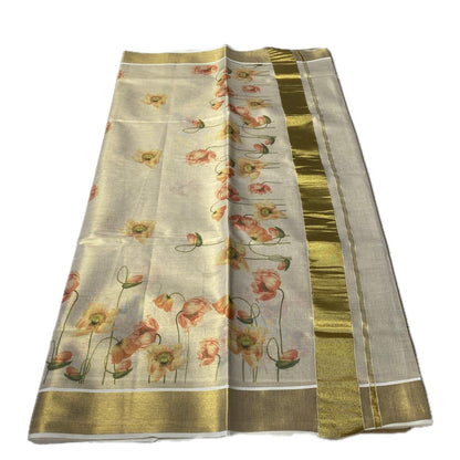 Golden Tissue Kasavu Saree with Soft Floral Print
