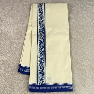 Traditional Off-White Dhoti with Royal Blue Cream Printed Border