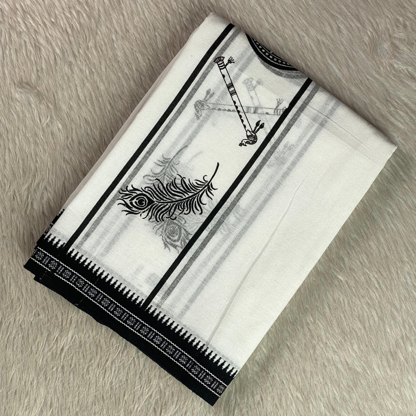 Onam Special Edition Black Printed Krishna & Flute Motif Cotton Kerala Mundu