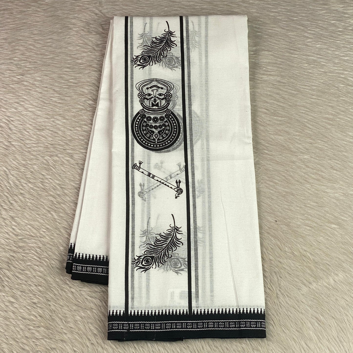 Onam Special Edition Black Printed Krishna & Flute Motif Cotton Kerala Mundu