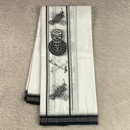 Onam Special Edition Black Printed Krishna & Flute Motif Cotton Kerala Mundu