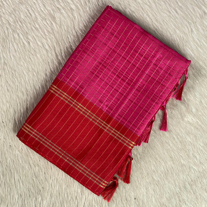 Moksha Semi Silk Checkerd Saree with Solid Border Pink