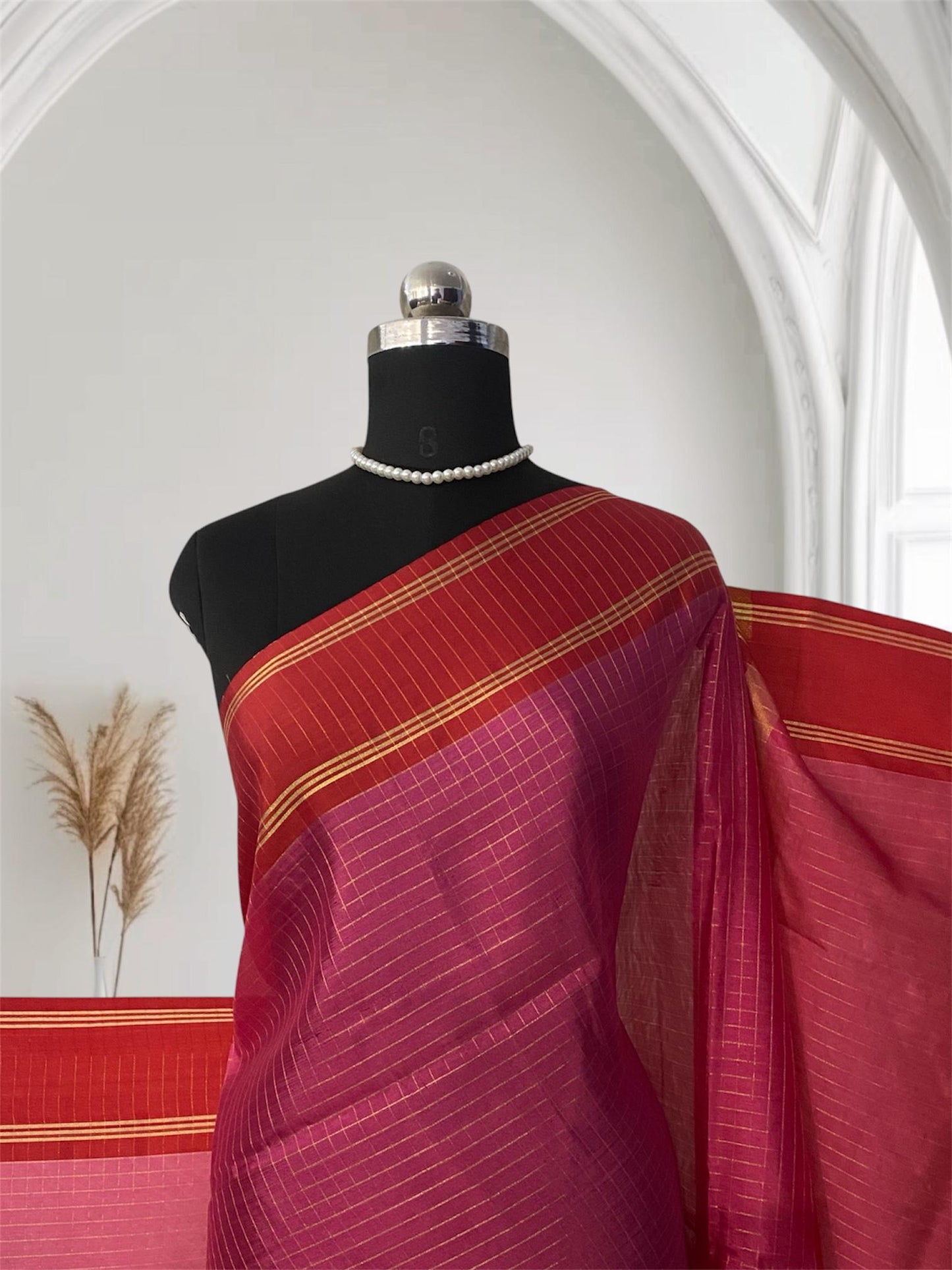 Moksha Semi Silk Checkerd Saree with Solid Border Pink