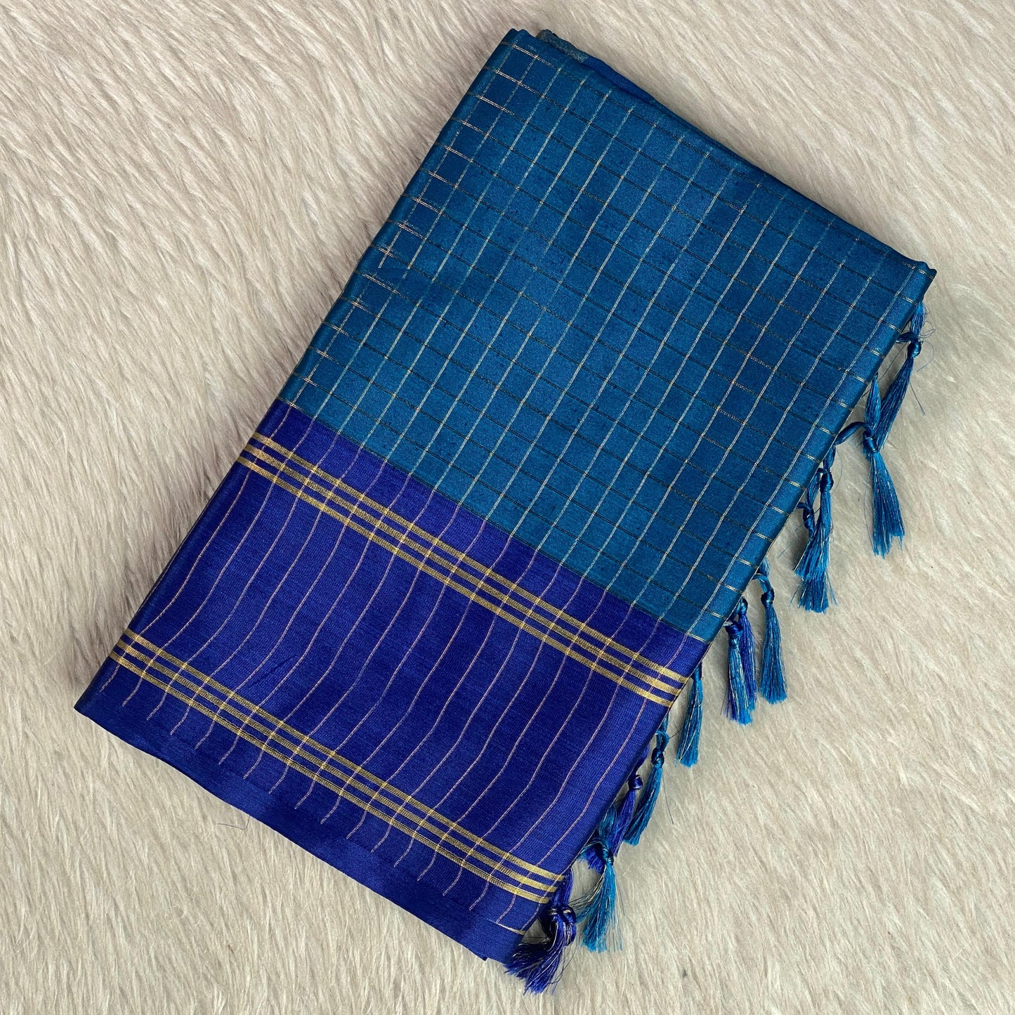 Moksha Semi Silk Checkerd Saree with Solid Border Blue