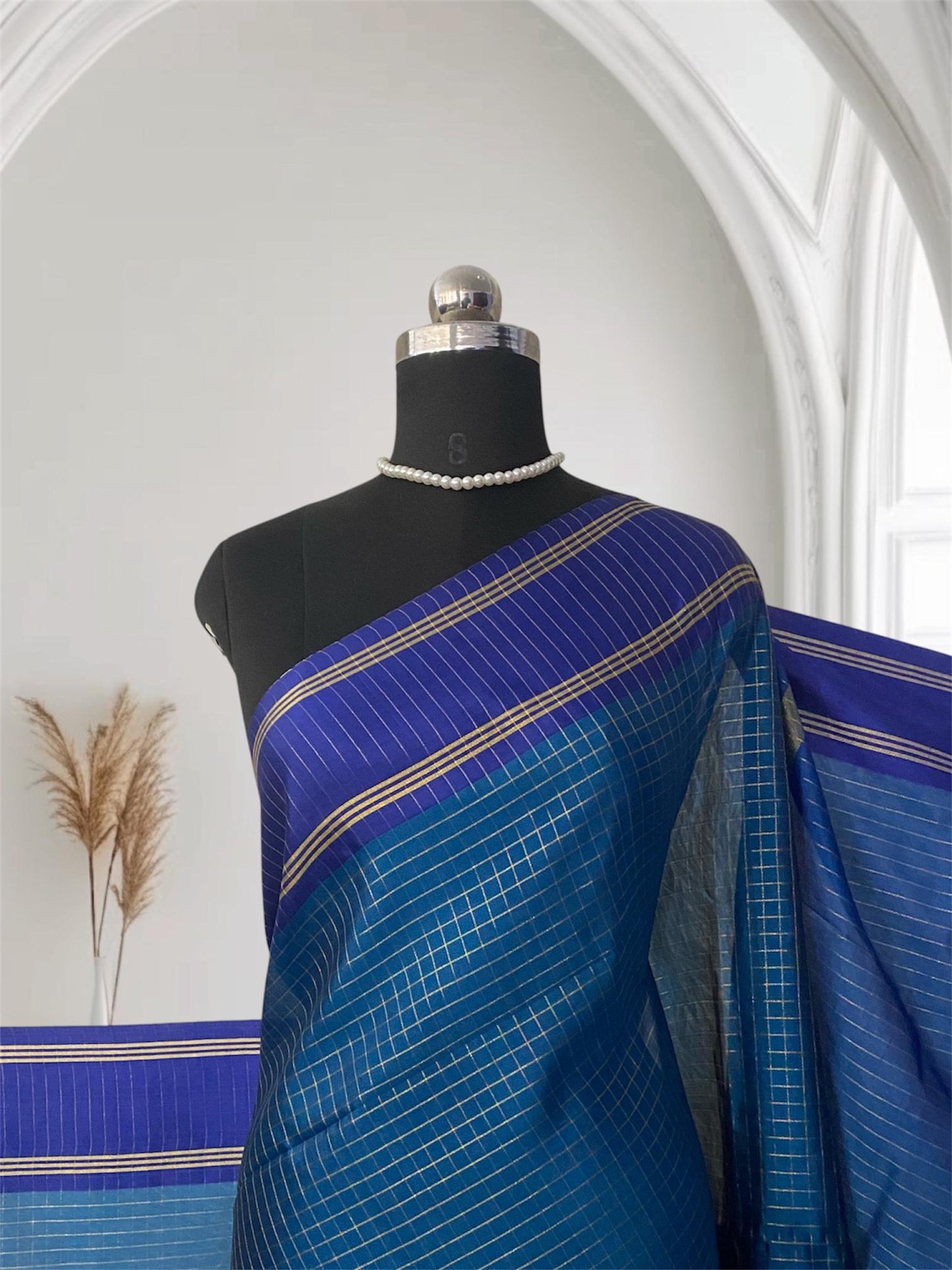 Moksha Semi Silk Checkerd Saree with Solid Border Blue