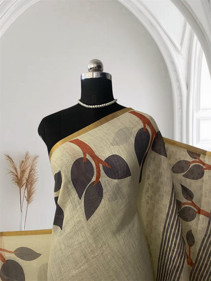 Tharu Leaf patten Semi Linen Saree