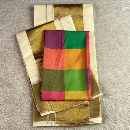 Traditional Kerala Cotton Kasavu Saree with Festive Blouse Combo