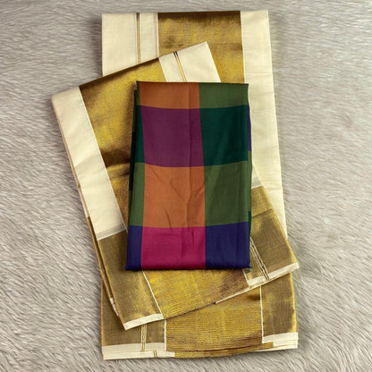 Traditional Kerala Cotton Kasavu Saree with Festive Blouse Combo