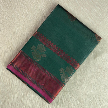 Kanjivaram Style Green Silk Saree with Metallic Contrast Pallu
