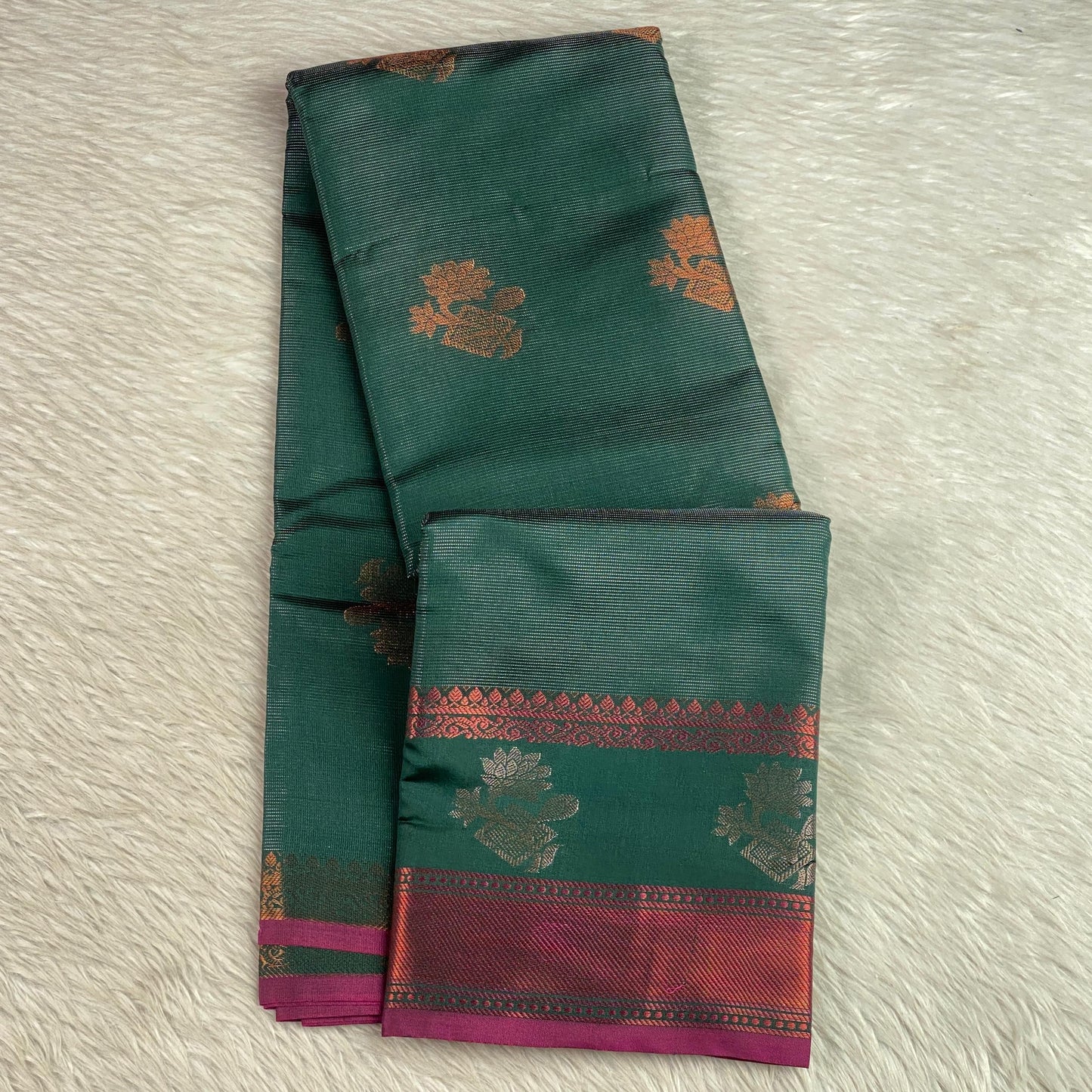 Kanjivaram Style Green Silk Saree with Metallic Contrast Pallu