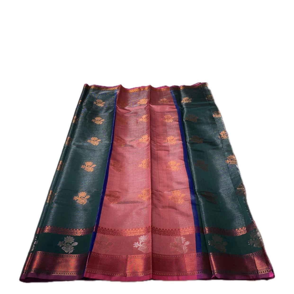 Kanjivaram Style Green Silk Saree with Metallic Contrast Pallu