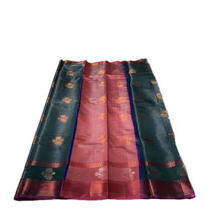Kanjivaram Style Green Silk Saree with Metallic Contrast Pallu
