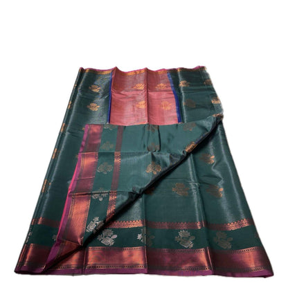 Kanjivaram Style Green Silk Saree with Metallic Contrast Pallu
