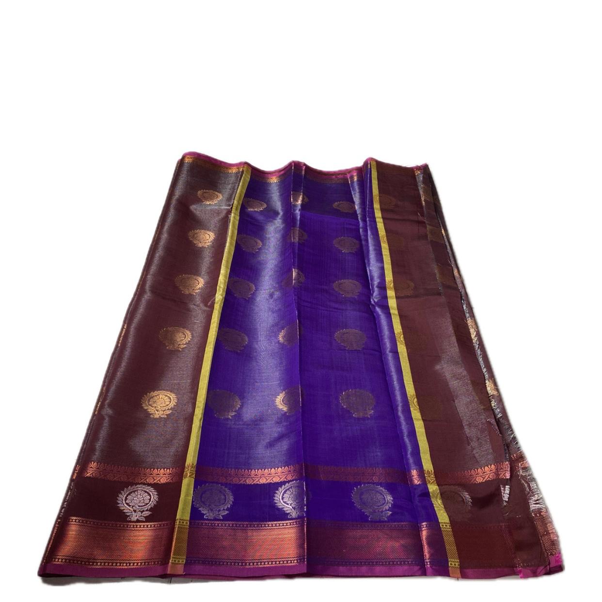 Kanjivaram Style Brown Silk Saree with Blue Contrast Pallu