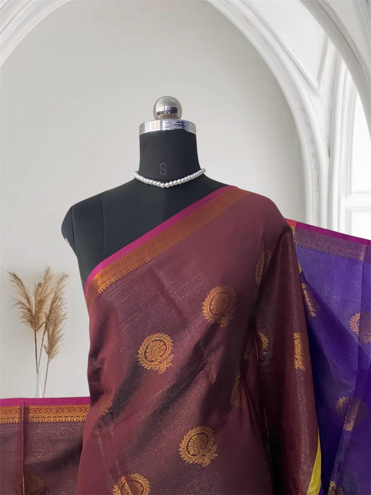 Kanjivaram Style Brown Silk Saree with Blue Contrast Pallu
