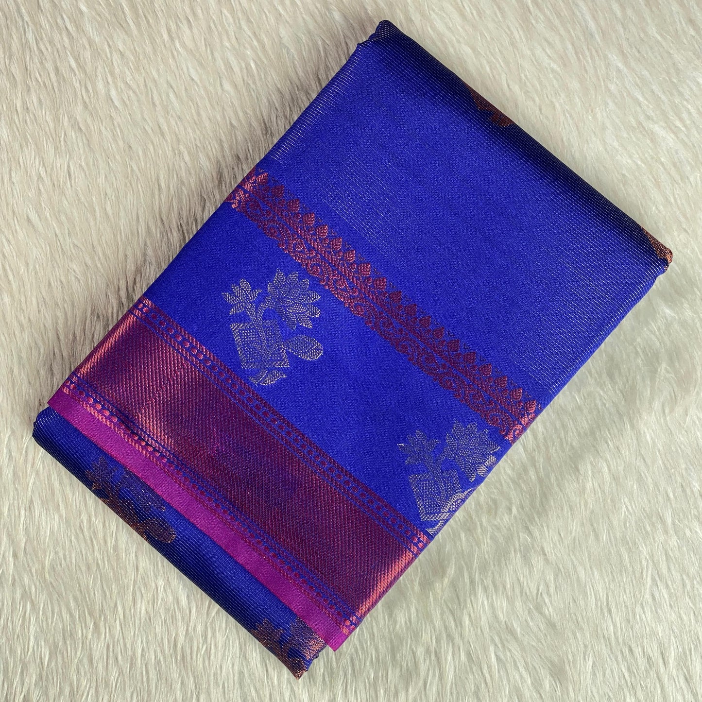 Kanjivaram Style Blue Silk Saree with Pink Contrast Zari Border