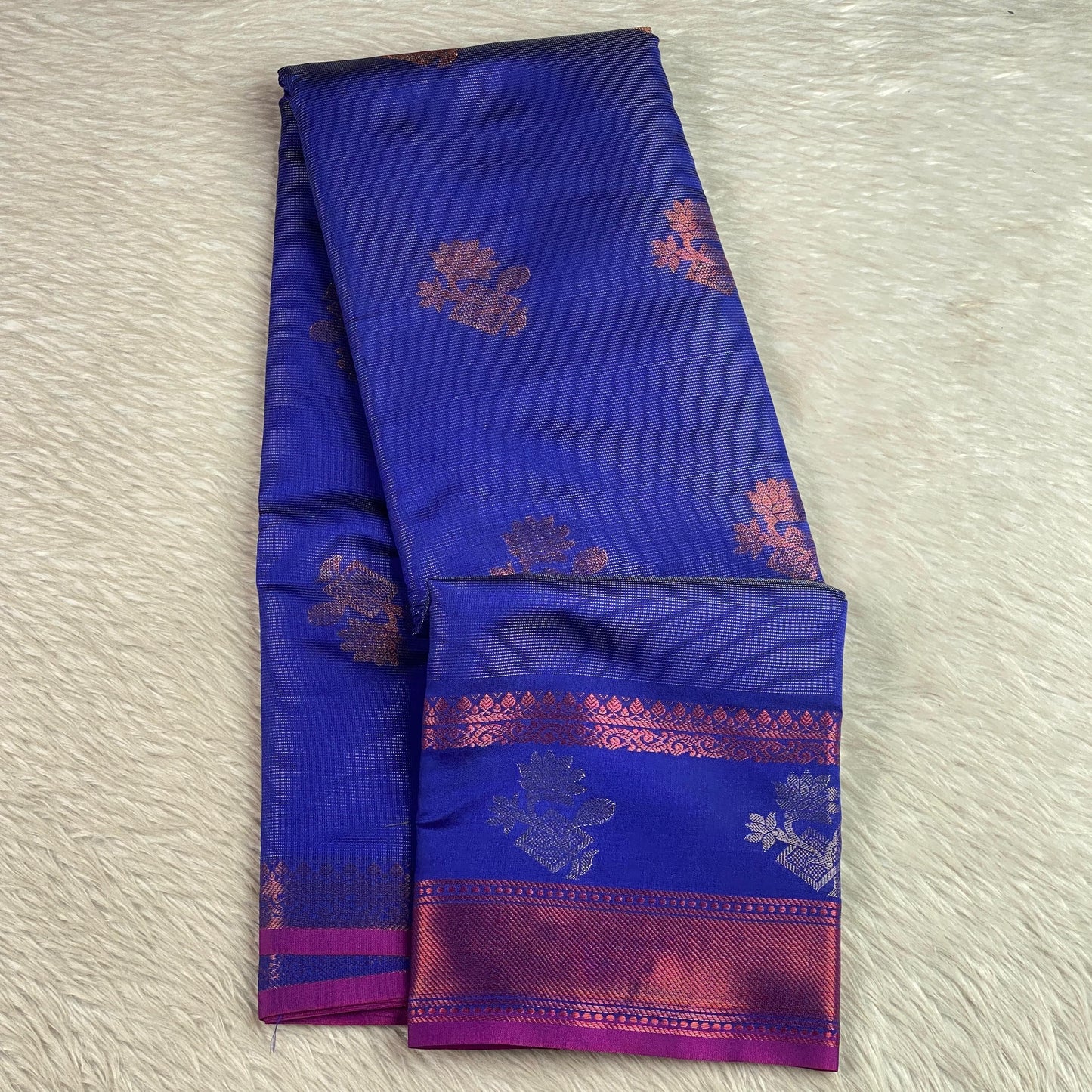 Kanjivaram Style Blue Silk Saree with Pink Contrast Zari Border