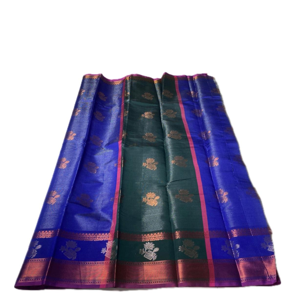 Kanjivaram Style Blue Silk Saree with Pink Contrast Zari Border