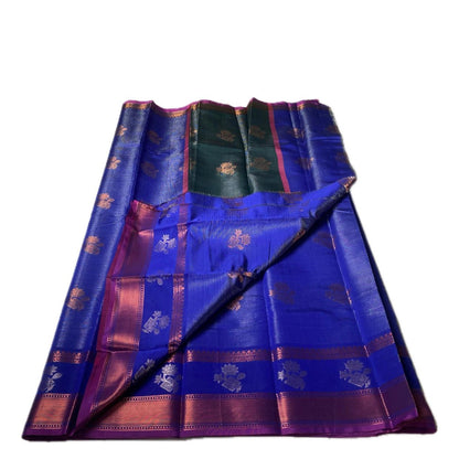 Kanjivaram Style Blue Silk Saree with Pink Contrast Zari Border