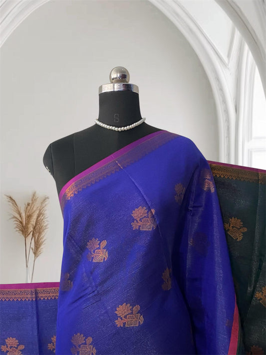 Kanjivaram Style Blue Silk Saree with Pink Contrast Zari Border
