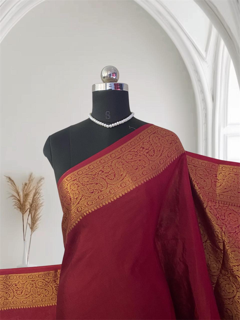 Devasena Banarasi Warm Silk Saree – Maroon with Golden Border