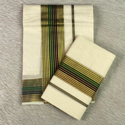 Elegant Multi-Line Traditional Border Cotton  Kasavu Set Mundu
