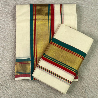 Multi Colour with Golden temple Cotton Kasavu Set Mundu