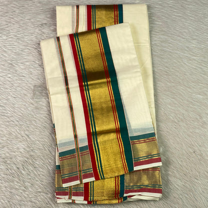 Multi Colour with Golden temple Cotton Kasavu Set Mundu