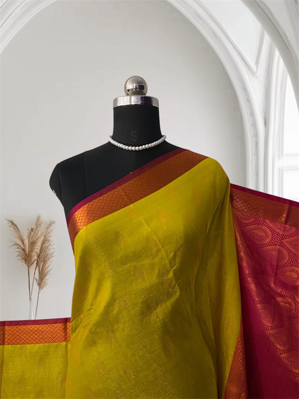 Olive Green with Maroon Border Silk Saree Wedding Collection (Dress Code)