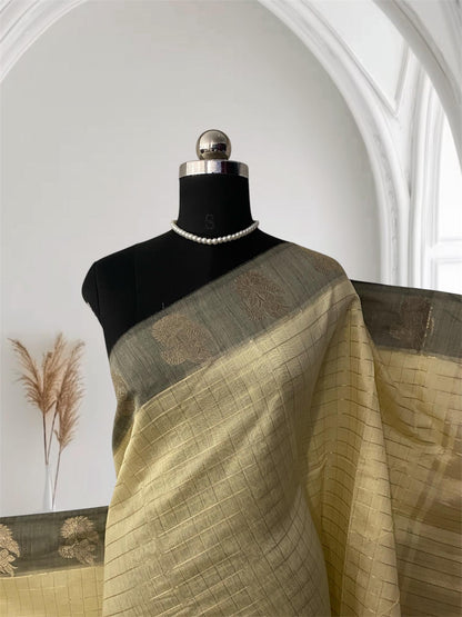 Lavanya Mul Chanderi Checks Silk Saree Grey (Dress Code)