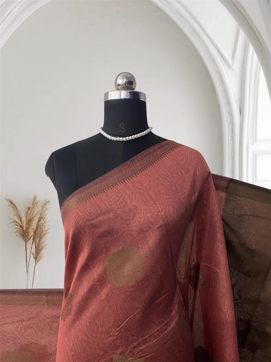 Cotton Floral Print Saree Brown