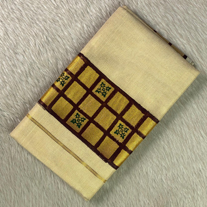 Golden Mosaic Tissue  Kasavu Kerala Saree